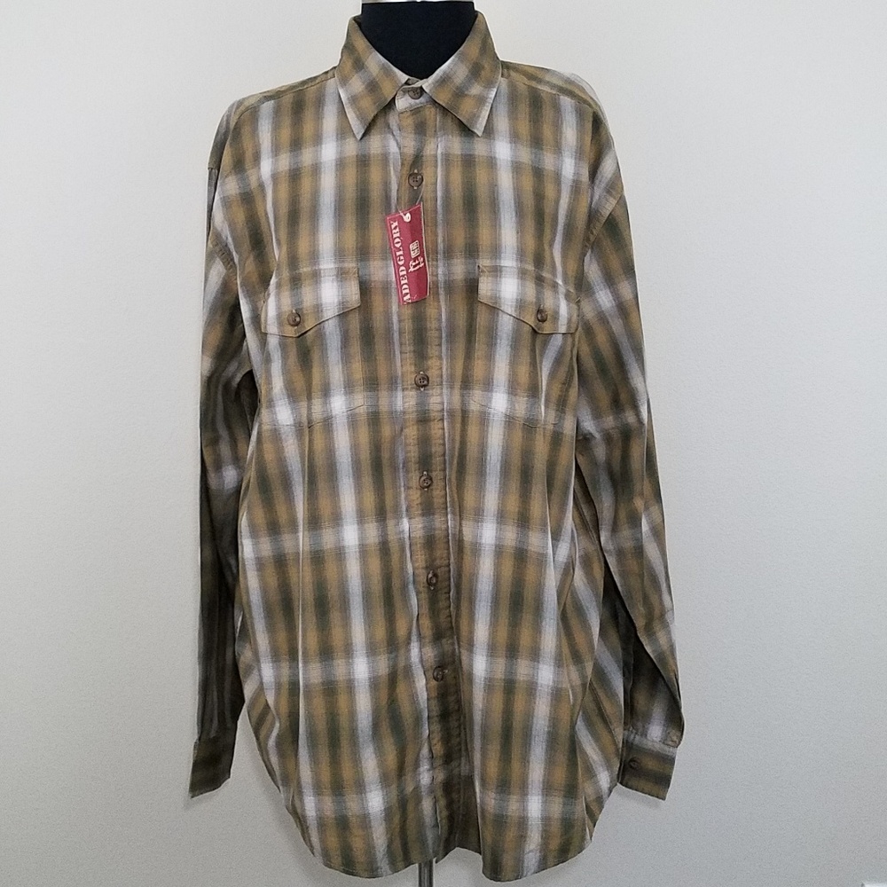 Neutral Khaki Green Plaid Long Sleeve Button Large